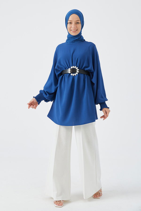 Düz Bisiklet Yaka Kadın Mavi Tunik - 3896 MAVİ