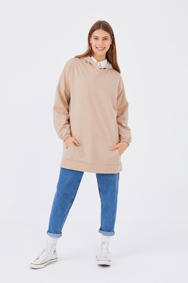Düz Kapsonlu Yaka Kadın Bej KAPSONLU SWEAT - 3293 BEJ