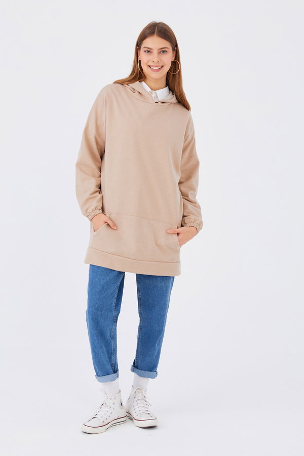 Düz Kapsonlu Yaka Kadın Bej KAPSONLU SWEAT - 3293 BEJ