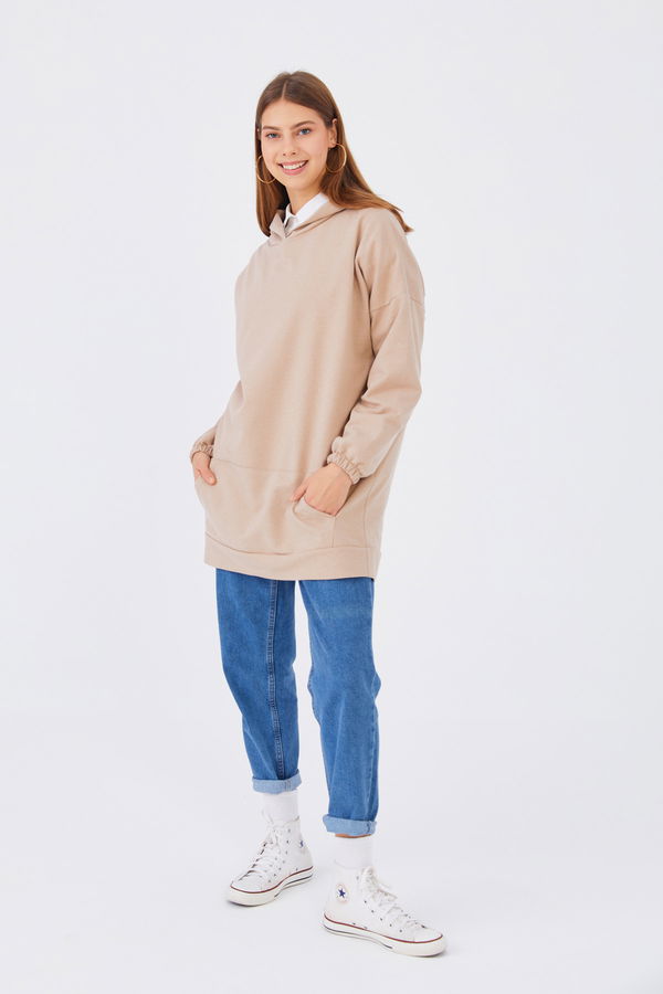 Düz Kapsonlu Yaka Kadın Bej KAPSONLU SWEAT - 3293 BEJ