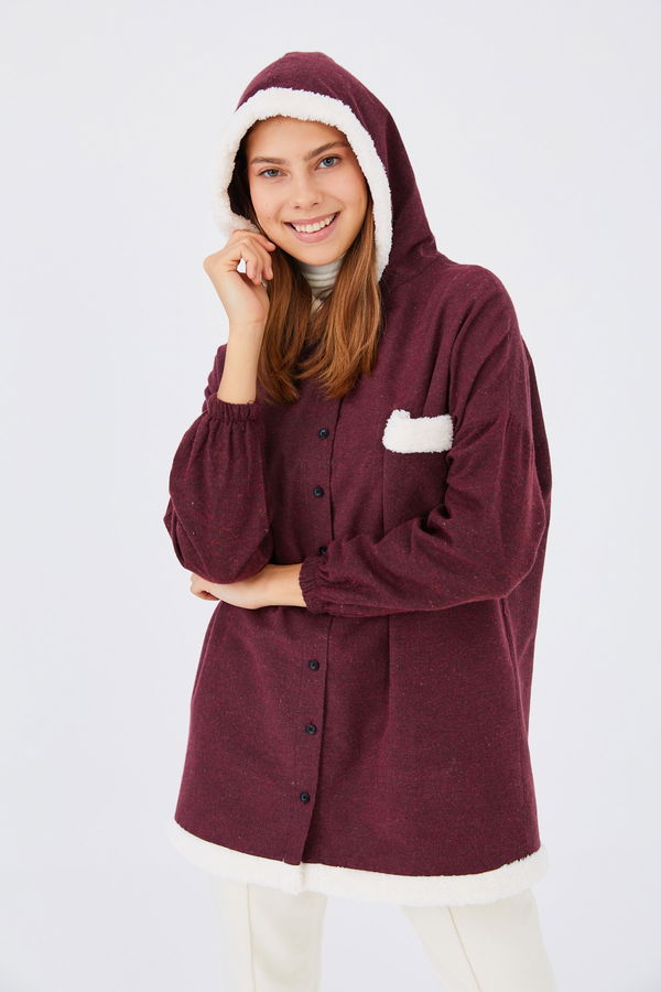 Düz Kapsonlu Yaka Kadın Bordo Tunik - 3900