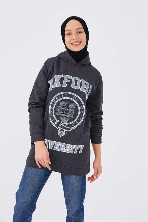 Düz Orta Kadın Antrasit Baskılı Sweat - 8867