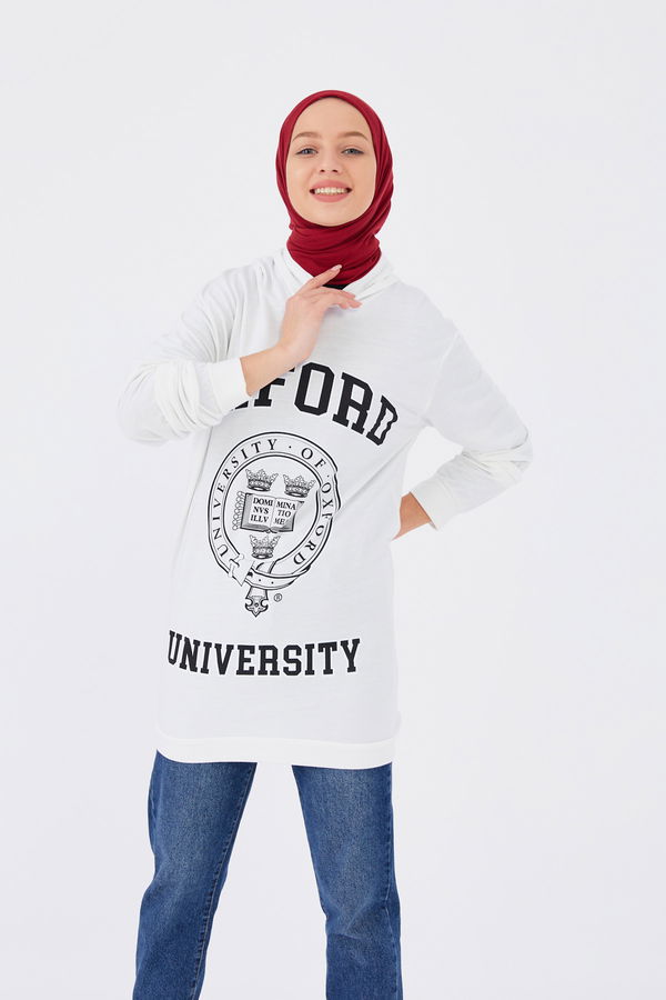 Düz Orta Kadın Beyaz Baskılı Sweat - 8867 BEYAZ