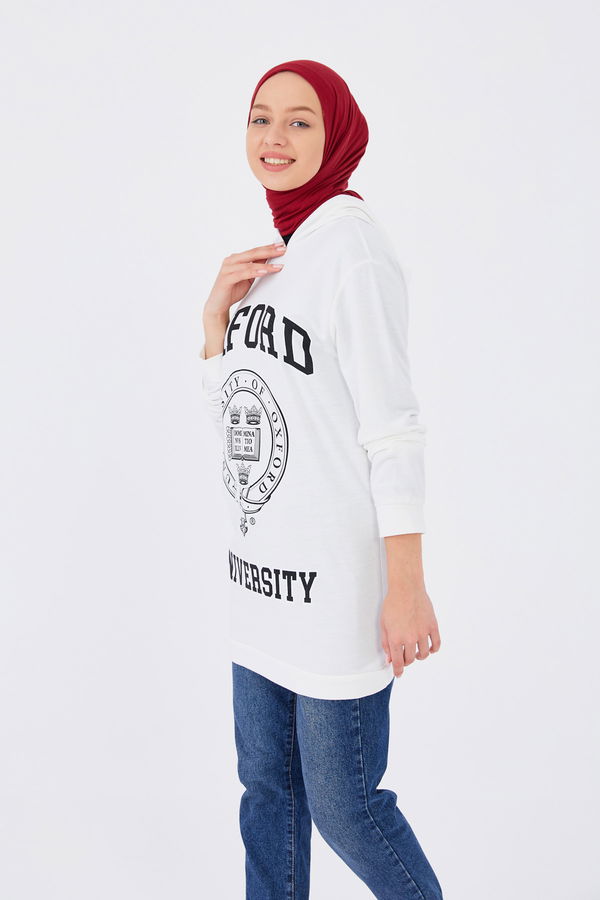 Düz Orta Kadın Beyaz Baskılı Sweat - 8867 BEYAZ