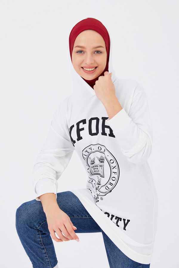 Düz Orta Kadın Beyaz Baskılı Sweat - 8867 BEYAZ