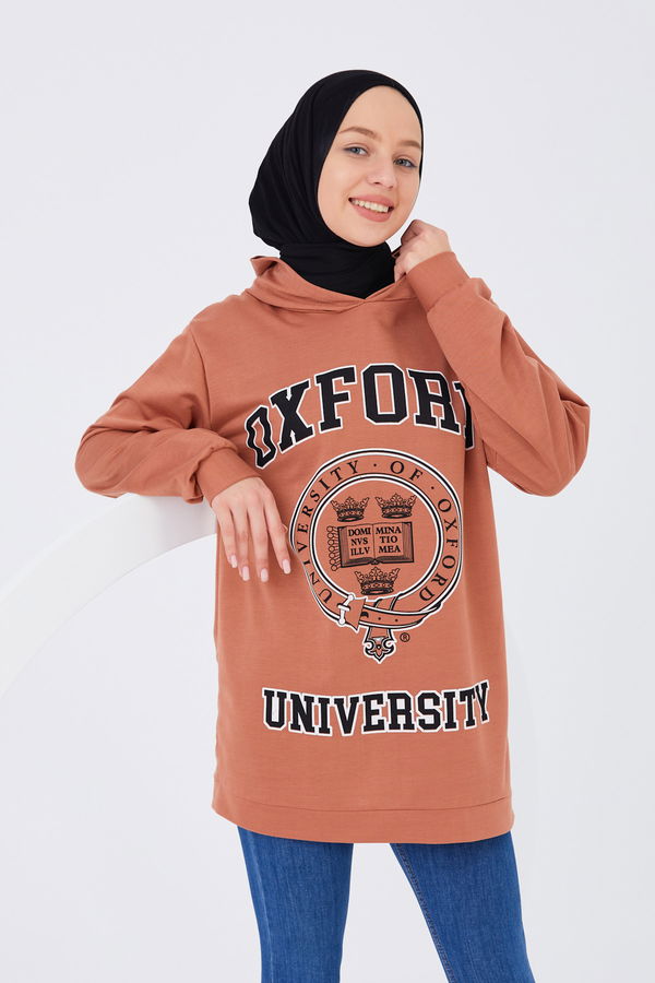 Düz Orta Kadın Kahverengi Baskılı Sweat - 8867 KAHVERENGİ