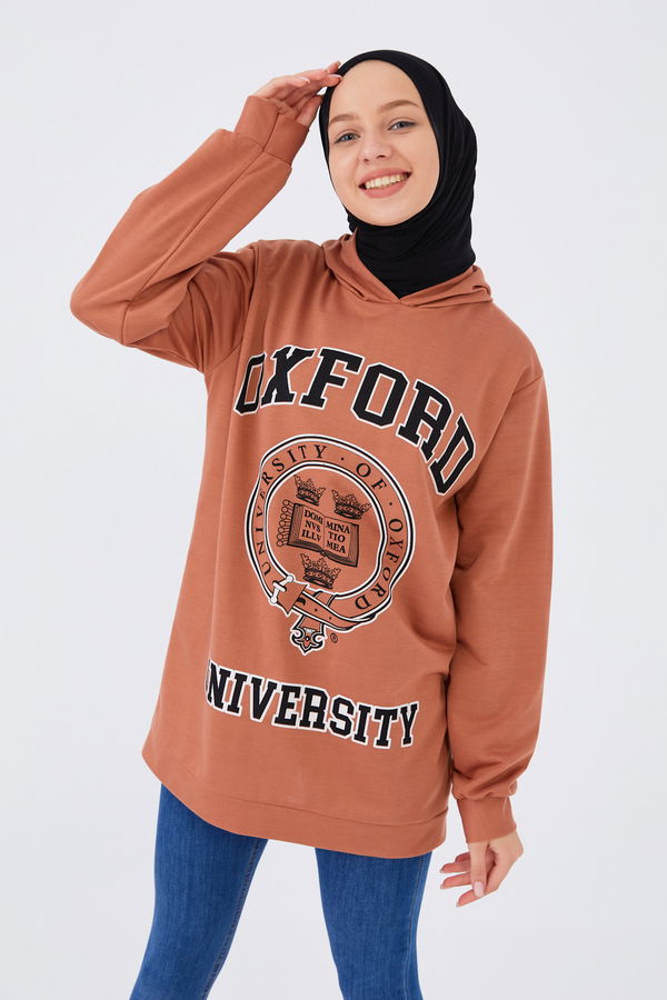 Düz Orta Kadın Kahverengi Baskılı Sweat - 8867 KAHVERENGİ