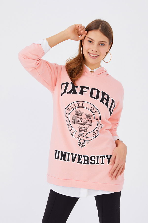 Düz Orta Kadın Pembe Baskılı Sweat - 8867