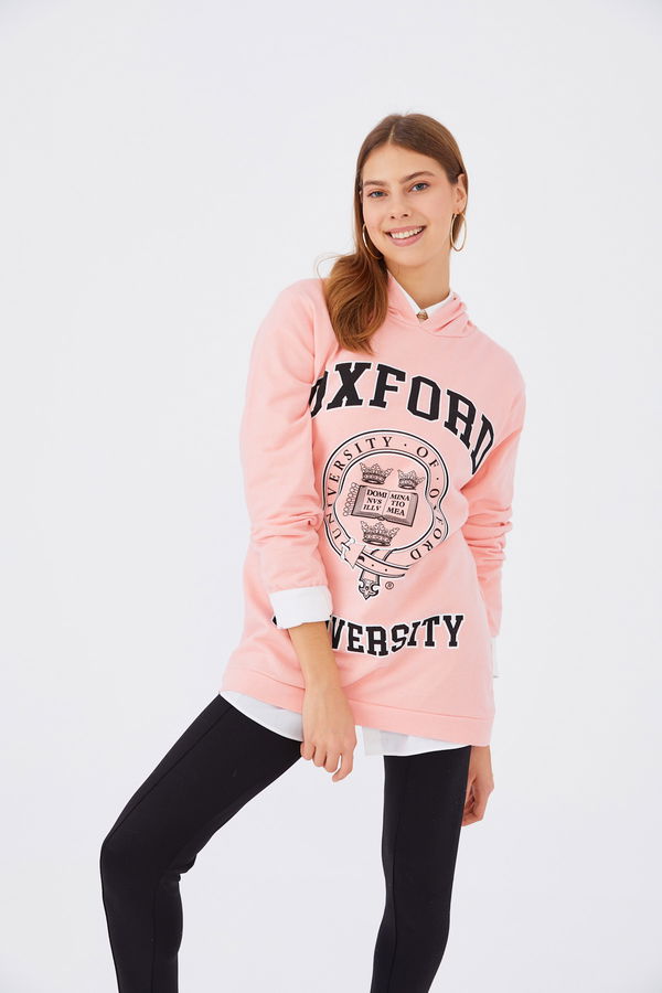 Düz Orta Kadın Pembe Baskılı Sweat - 8867