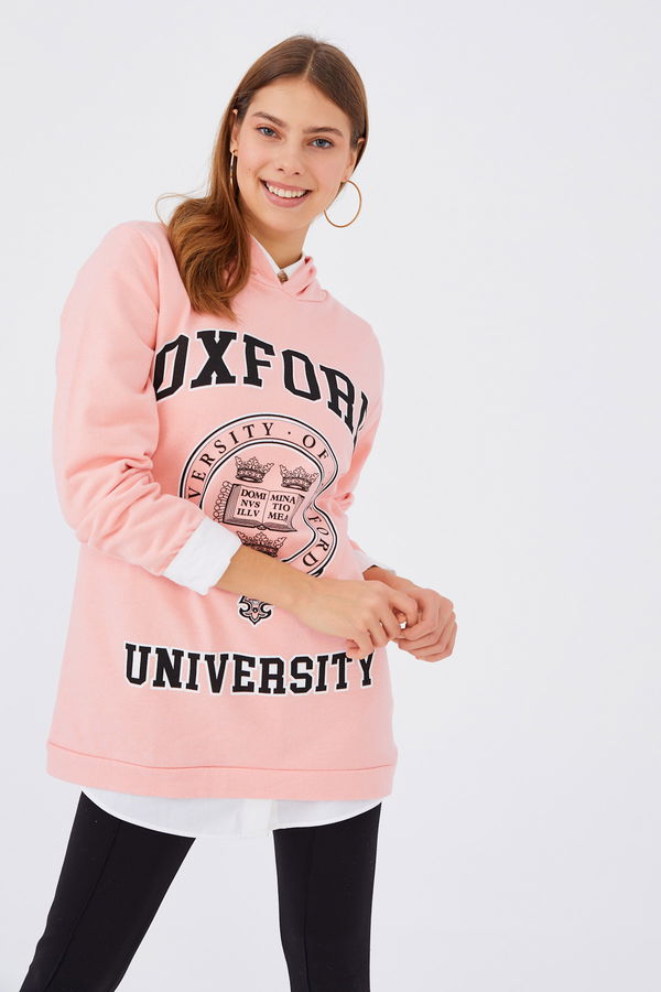 Düz Orta Kadın Pembe Baskılı Sweat - 8867