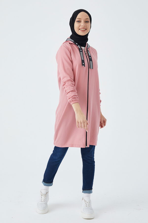 Düz Kapsonlu Yaka Kadın Pembe Fermuarlı Hırka - 3038 PEMBE