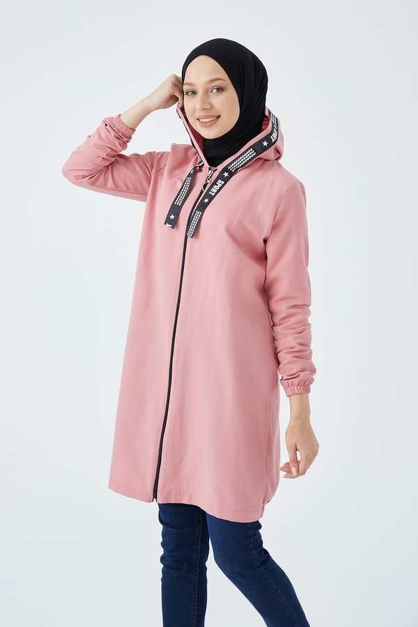 Düz Kapsonlu Yaka Kadın Pembe Fermuarlı Hırka - 3038 PEMBE