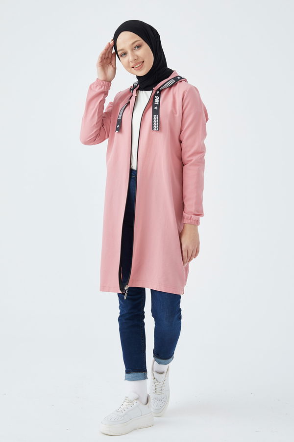 Düz Kapsonlu Yaka Kadın Pembe Fermuarlı Hırka - 3038 PEMBE