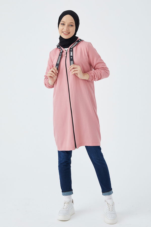 Düz Kapsonlu Yaka Kadın Pembe Fermuarlı Hırka - 3038 PEMBE