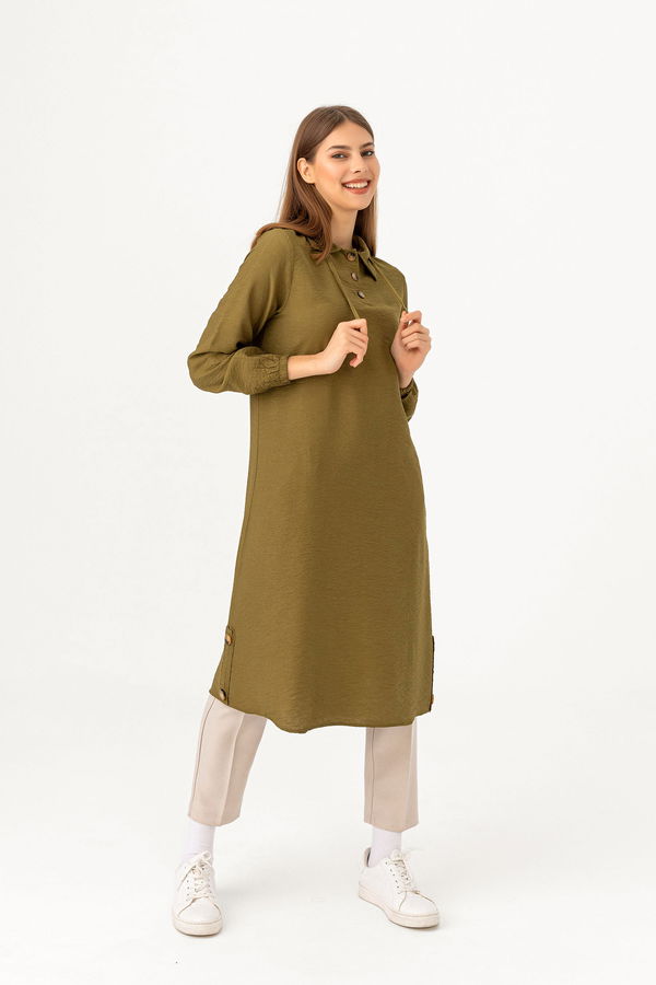 Düz Gömlek Yaka Kadın Haki Tunik - 3078 HAKİ