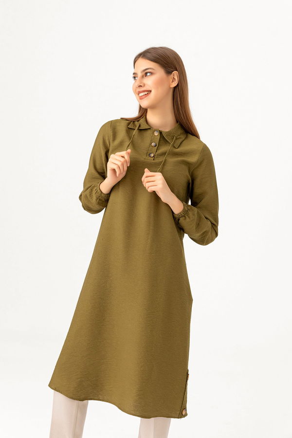 Düz Gömlek Yaka Kadın Haki Tunik - 3078 HAKİ