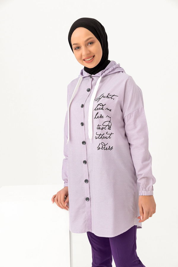Düz Kapşonlu Yaka Kadın Lila KAPSONLU TUNIK - 3279 LİLA