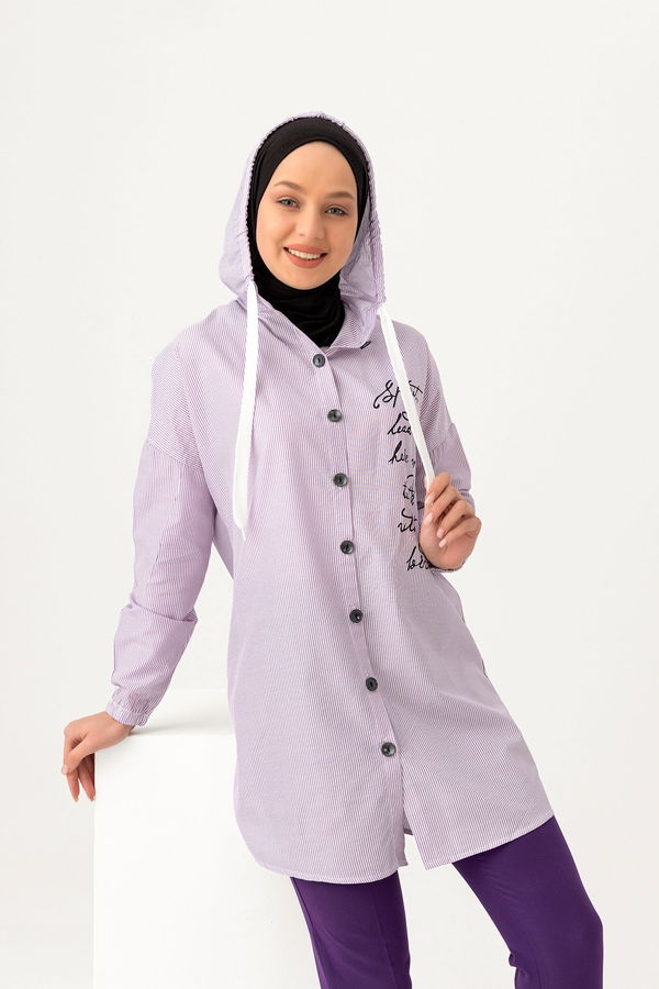 Düz Kapşonlu Yaka Kadın Lila KAPSONLU TUNIK - 3279 LİLA
