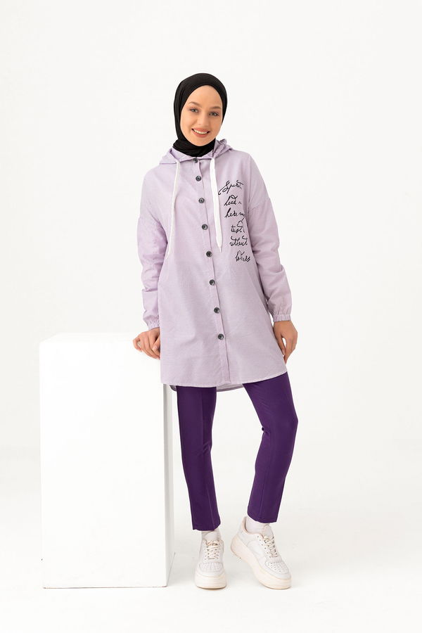 Düz Kapşonlu Yaka Kadın Lila KAPSONLU TUNIK - 3279 LİLA