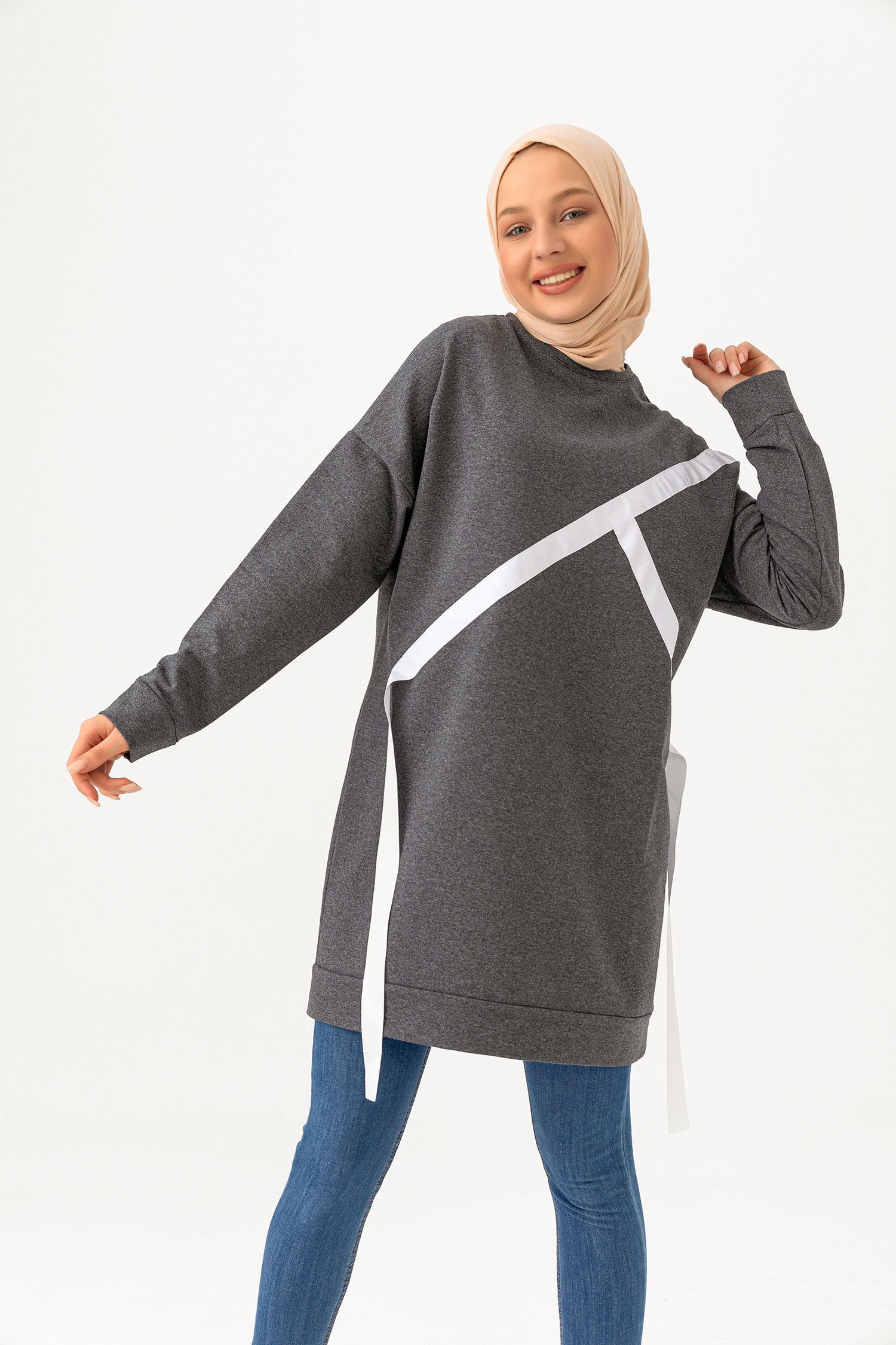 Düz Bisiklet Yaka Kadın Antrasit TUNIK - 3372 ANTRASİT