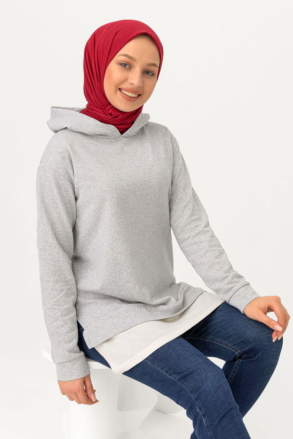 Düz Kapsonlu Yaka Kadın Gri Tunik - 3426