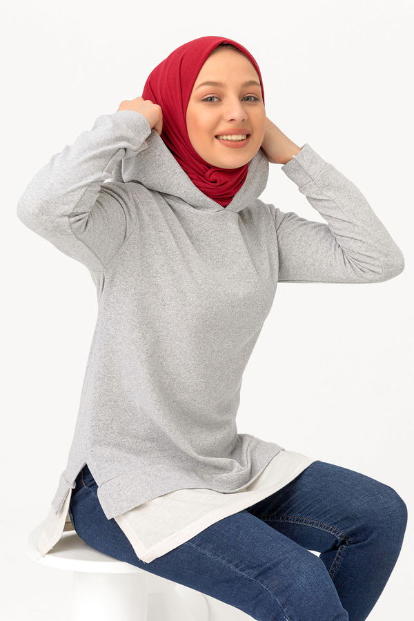 Düz Kapsonlu Yaka Kadın Gri Tunik - 3426