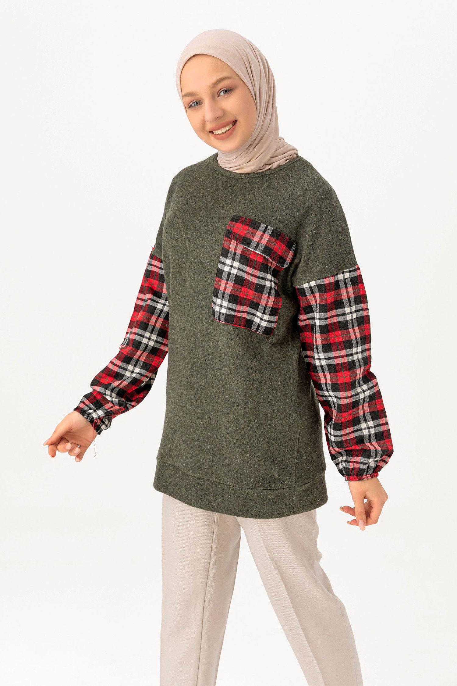Düz Orta Kadın Haki TUNIK - 3459