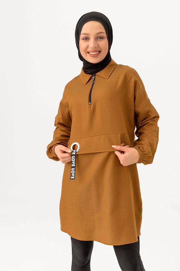 Düz Orta Kadın Taba Kuş Gözlü Tunik - 3479