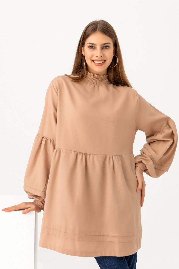 Düz Bisiklet Yaka Kadın Bej Tunık  - 3079 BEJ