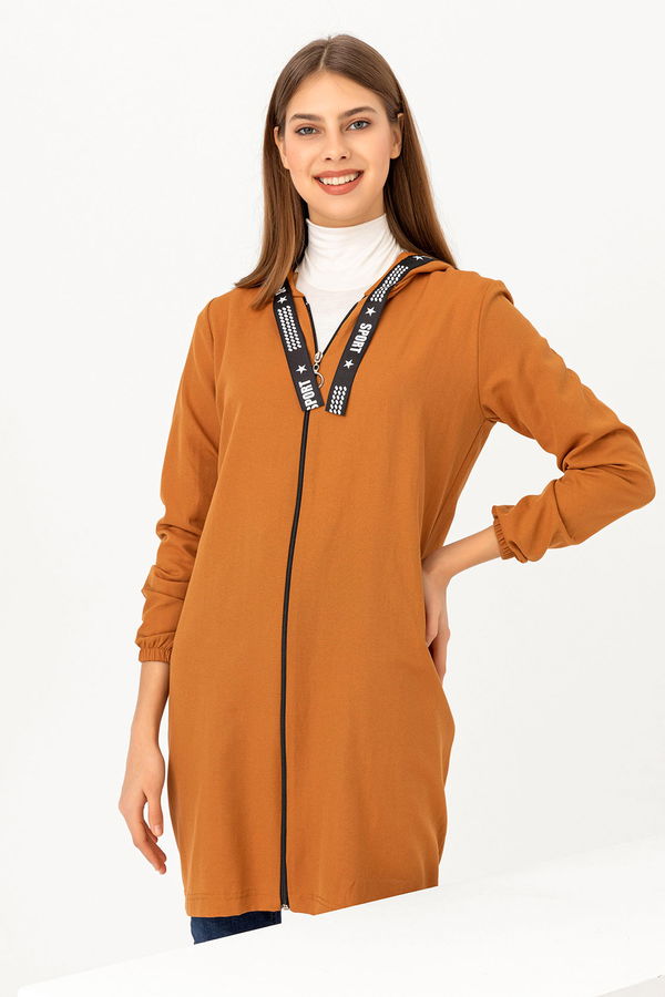 Düz Kapsonlu Yaka Kadın Taba Fermuarlı Hırka - 3038