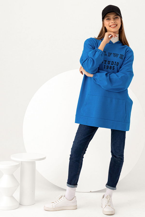 Düz Orta Kadın Mavi Kapsonlu Sweat - 3322 MAVİ