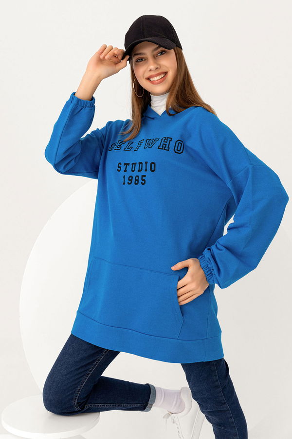 Düz Orta Kadın Mavi Kapsonlu Sweat - 3322 MAVİ