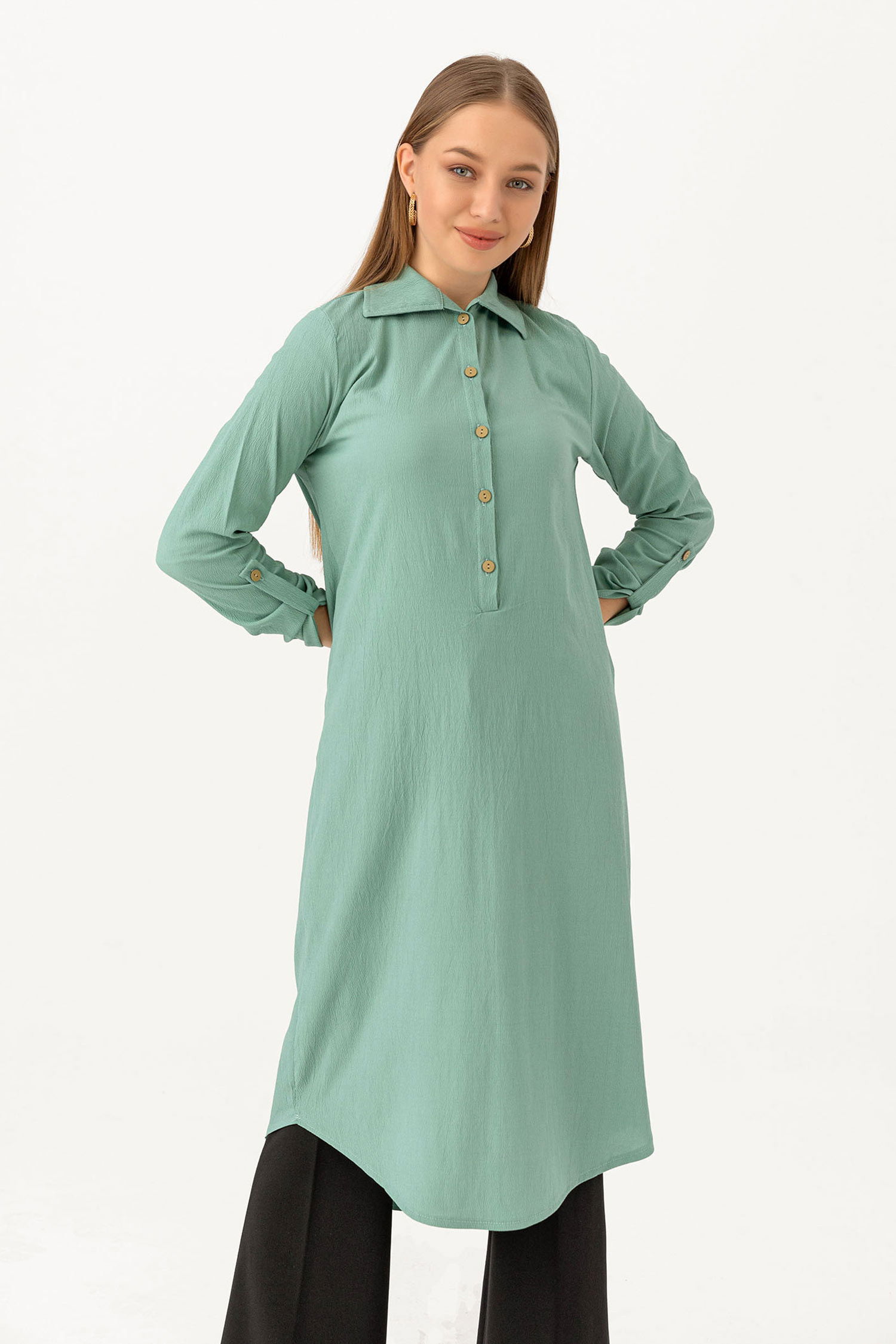 Düz Gömlek Yaka Kadın Yeşil Tunik - 3510 YEŞİL