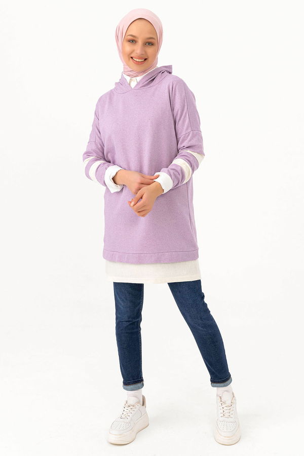 Düz Kapsonlu Yaka Kadın Lila Tunik - 3426