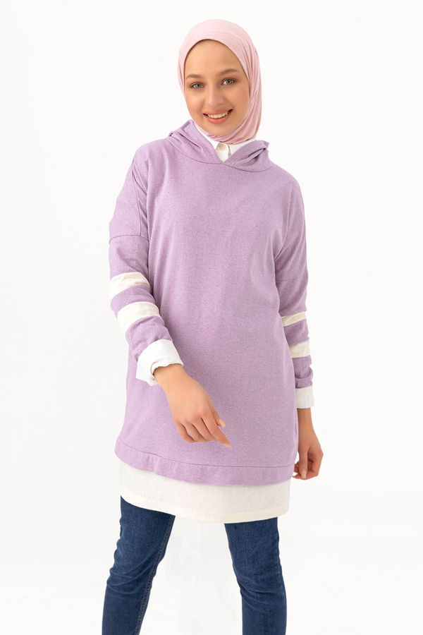 Düz Kapsonlu Yaka Kadın Lila Tunik - 3426