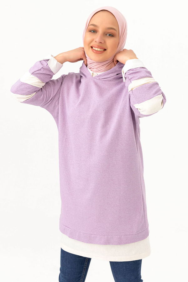 Düz Kapsonlu Yaka Kadın Lila Tunik - 3426