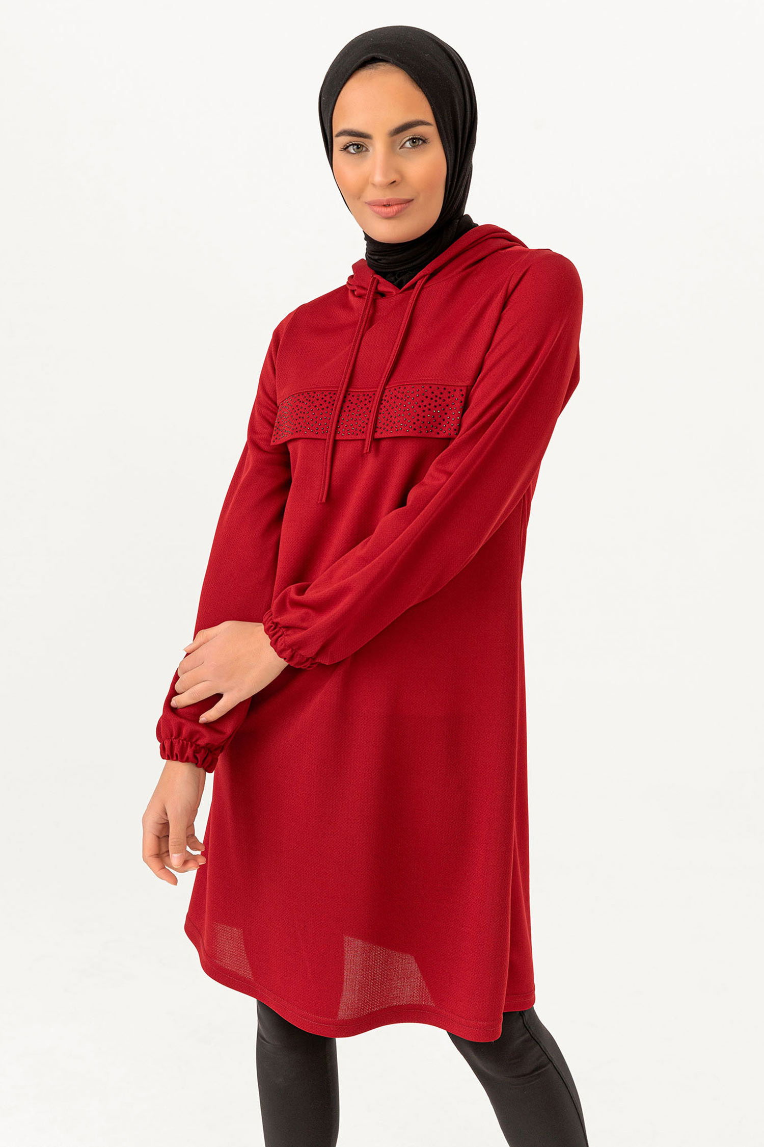 Düz Kapsonlu Yaka Kadın Bordo KAPSONLU TUNIK - 3515
