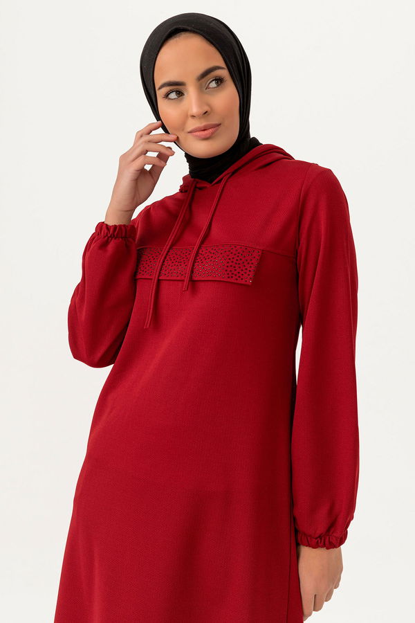 Düz Kapsonlu Yaka Kadın Bordo KAPSONLU TUNIK - 3515