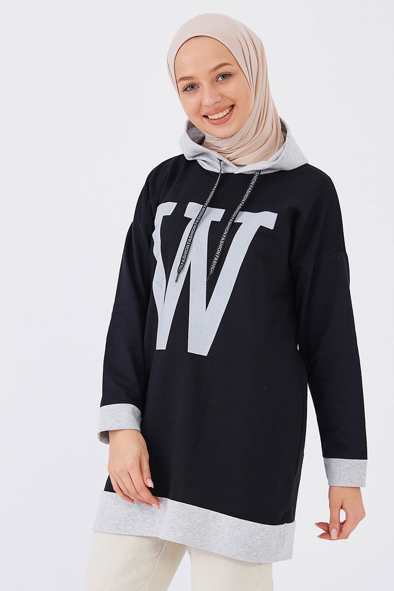 Düz Orta Kadın Siyah Baskılı Sweat - 20898