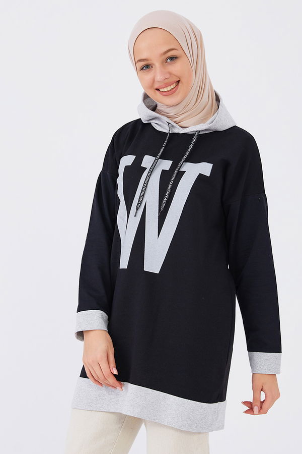 Düz Orta Kadın Siyah Baskılı Sweat - 20898
