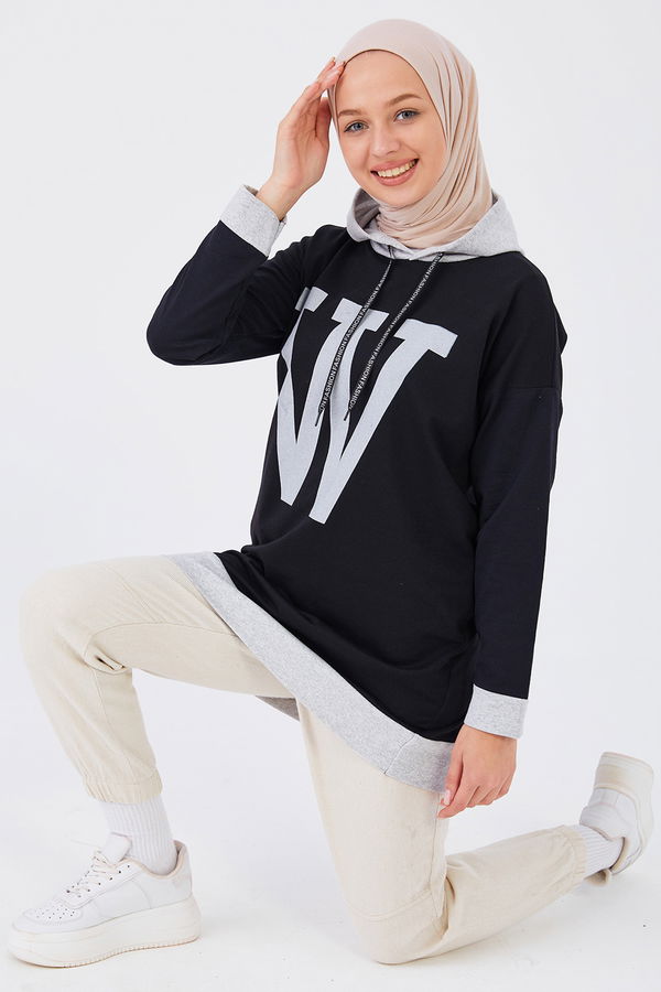 Düz Orta Kadın Siyah Baskılı Sweat - 20898
