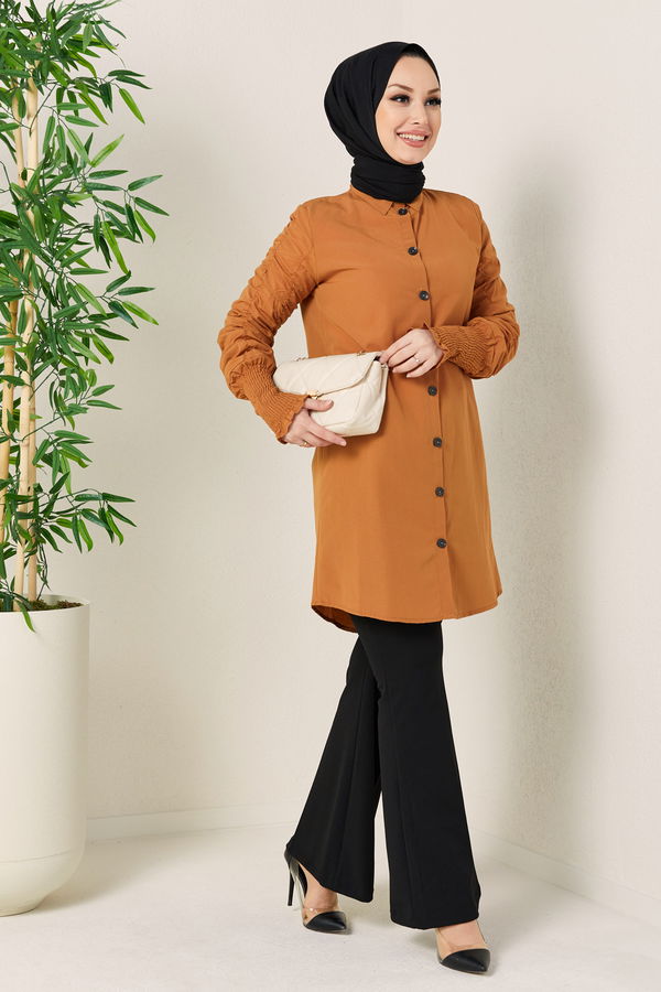 Düz Gömlek Yaka Kadın Taba Tunik - 3686 TABA