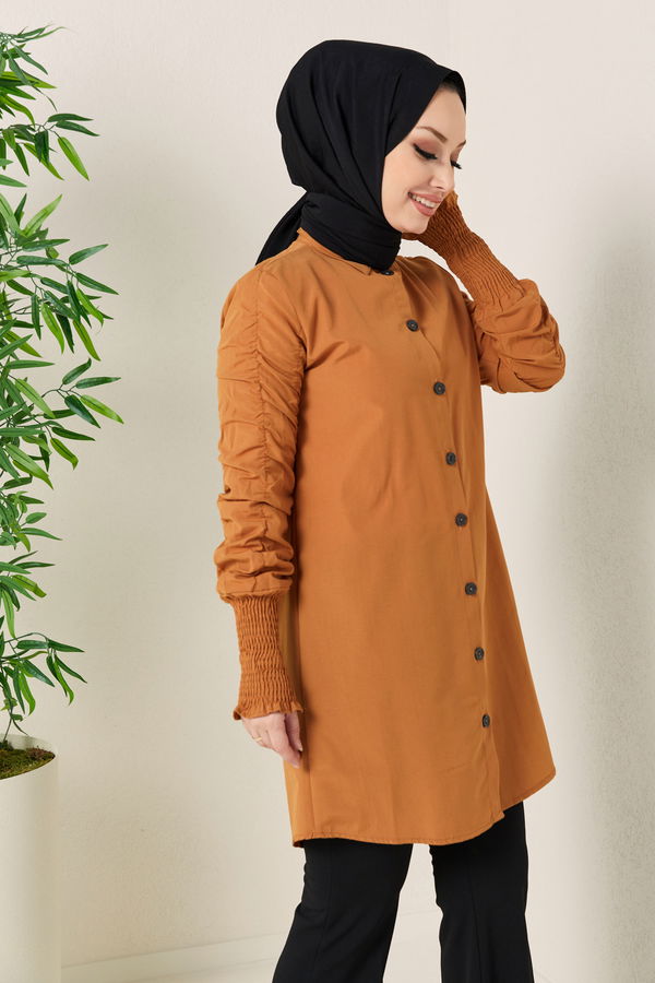 Düz Gömlek Yaka Kadın Taba Tunik - 3686 TABA