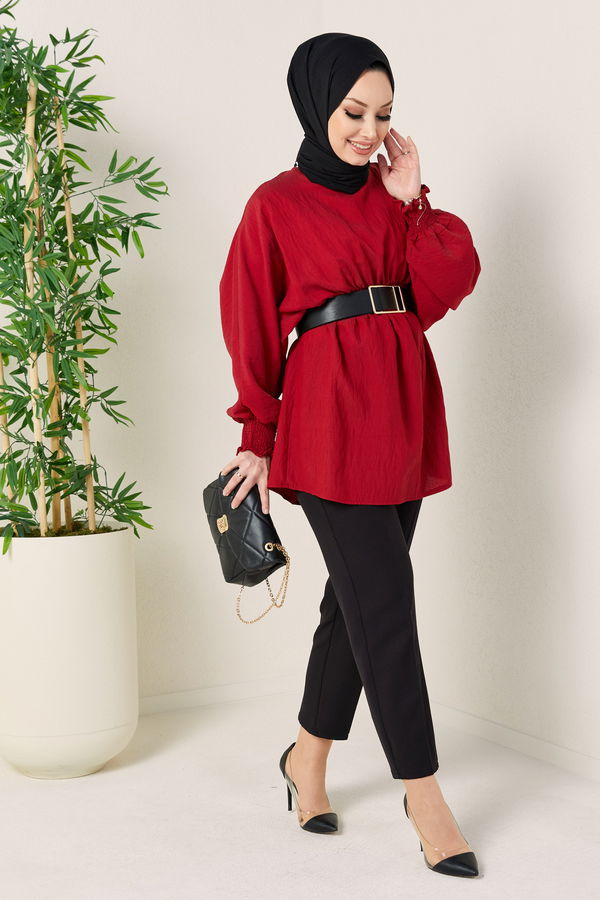 Düz Bisiklet Yaka Kadın Bordo TUNIK - 3663