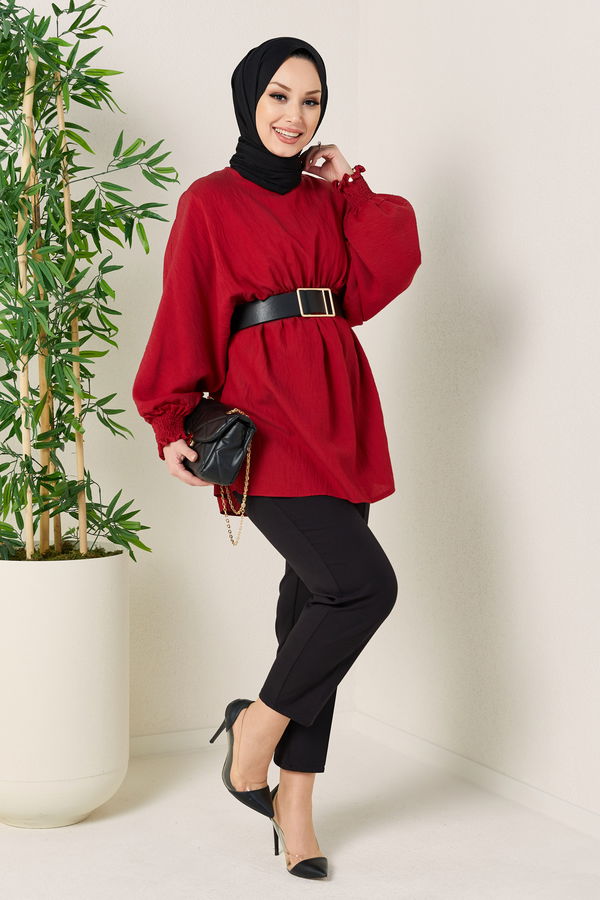 Düz Bisiklet Yaka Kadın Bordo TUNIK - 3663