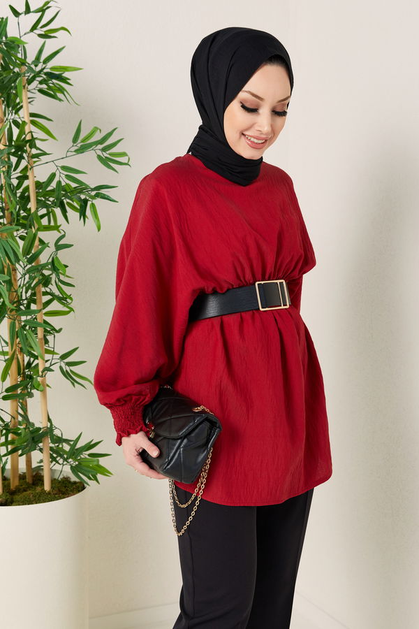 Düz Bisiklet Yaka Kadın Bordo TUNIK - 3663