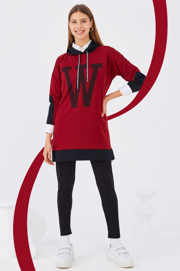 Düz Orta Kadın Bordo Baskılı Sweat - 20898