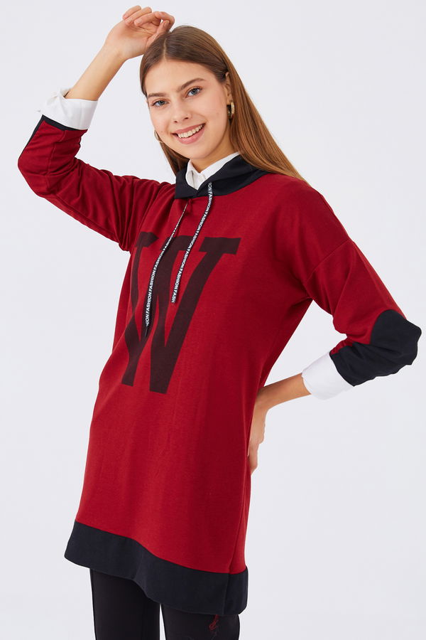 Düz Orta Kadın Bordo Baskılı Sweat - 20898