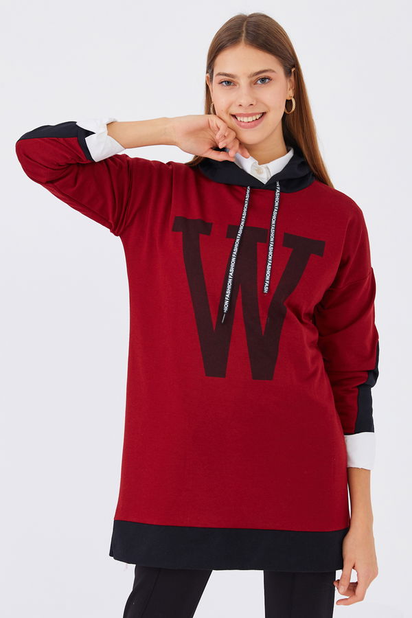 Düz Orta Kadın Bordo Baskılı Sweat - 20898