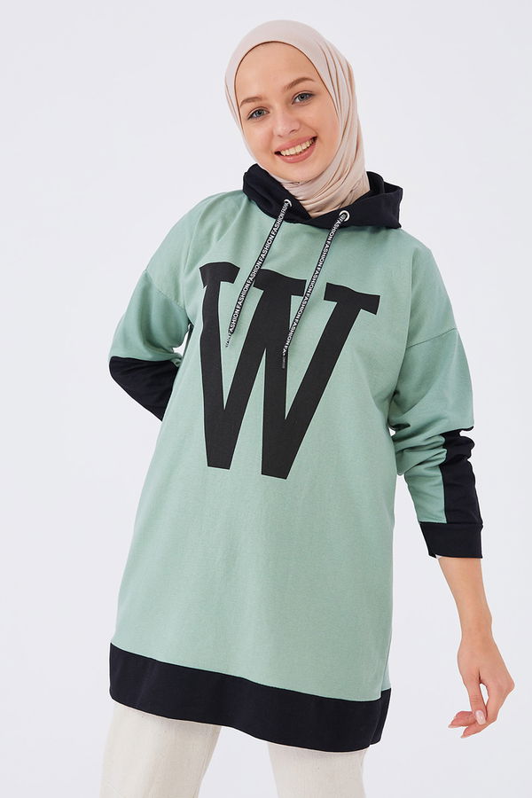 Düz Orta Kadın Yeşil Baskılı Sweat - 20898 YEŞİL